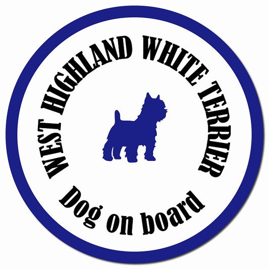 カラフル Dog on board ウエストハイランドホワイトテリア ホワイト＆ネイビー マグネット 車用 直径13cm 丸型 カーマグネット