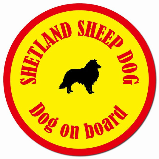 カラフル Dog on board シェットランドシープドッグ イエロー＆レッド マグネット 車用 直径13cm 丸型 カーマグネット