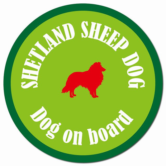 カラフル Dog on board シェットランドシープドッグ ライトグリーン＆グリーン マグネット 車用 直径13cm 丸型 カーマグネット
