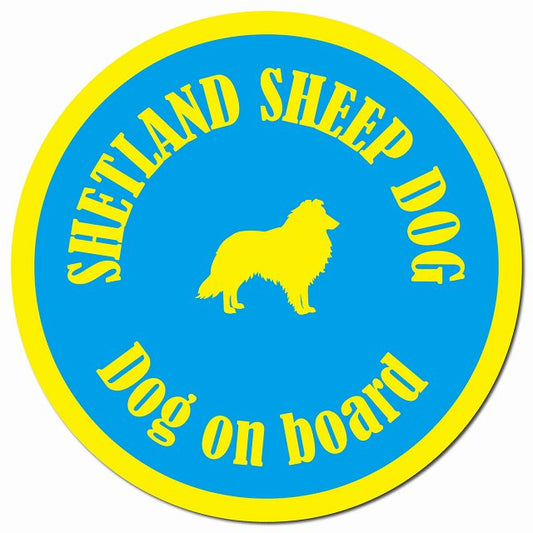 カラフル Dog on board シェットランドシープドッグ ブルー＆イエロー マグネット 車用 直径13cm 丸型 カーマグネット
