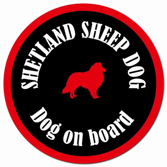 カラフル Dog on board シェットランドシープドッグ ブラック＆レッド マグネット 車用 直径13cm 丸型 カーマグネット