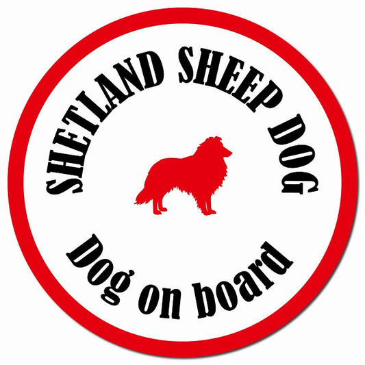 カラフル Dog on board シェットランドシープドッグ ホワイト＆レッド マグネット 車用 直径13cm 丸型 カーマグネット