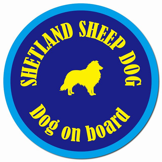 カラフル Dog on board シェットランドシープドッグ ネイビー＆ブルー マグネット 車用 直径13cm 丸型 カーマグネット