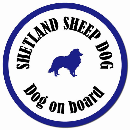 カラフル Dog on board シェットランドシープドッグ ホワイト＆ネイビー マグネット 車用 直径13cm 丸型 カーマグネット