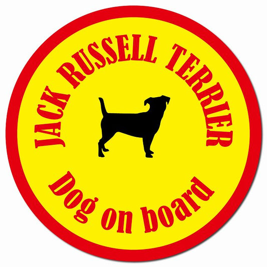 カラフル Dog on board ジャックラッセルテリア イエロー＆レッド マグネット 車用 直径13cm 丸型 カーマグネット