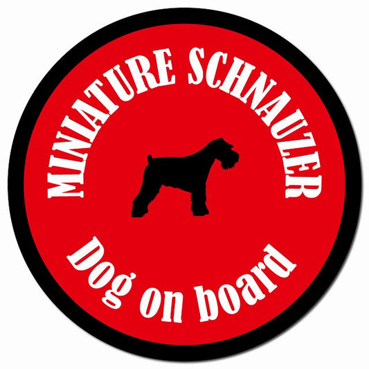 カラフル Dog on board ミニチュアシュナウザー レッド＆ブラック マグネット 車用 直径13cm 丸型 カーマグネット