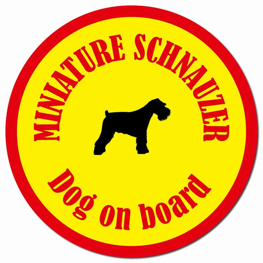 カラフル Dog on board ミニチュアシュナウザー イエロー＆レッド マグネット 車用 直径13cm 丸型 カーマグネット