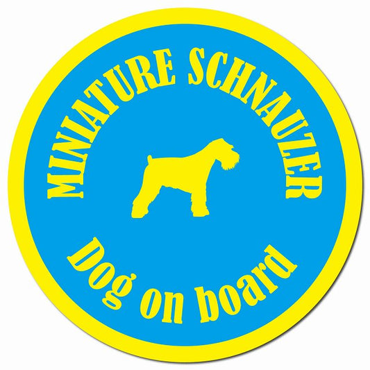 カラフル Dog on board ミニチュアシュナウザー ブルー＆イエロー マグネット 車用 直径13cm 丸型 カーマグネット
