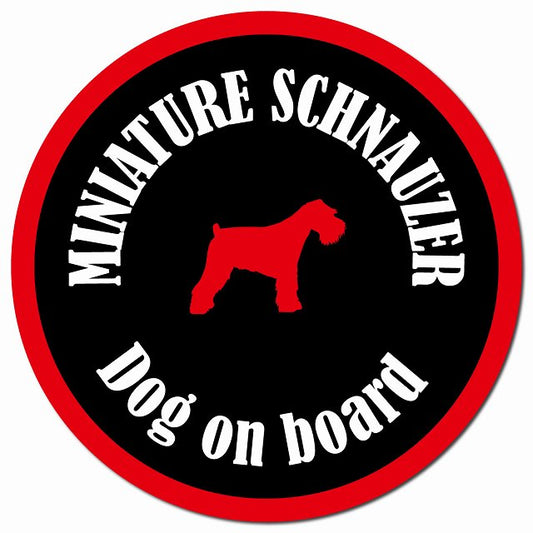カラフル Dog on board ミニチュアシュナウザー ブラック＆レッド マグネット 車用 直径13cm 丸型 カーマグネット