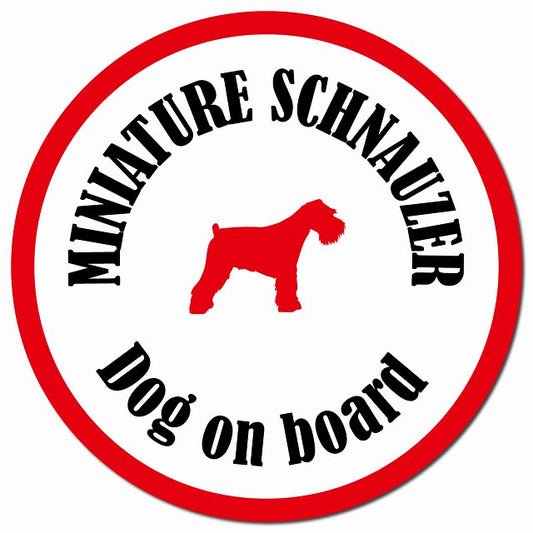 カラフル Dog on board ミニチュアシュナウザー ホワイト＆レッド マグネット 車用 直径13cm 丸型 カーマグネット