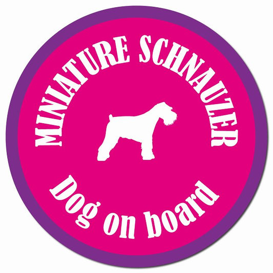 カラフル Dog on board ミニチュアシュナウザー ピンク＆パープル マグネット 車用 直径13cm 丸型 カーマグネット