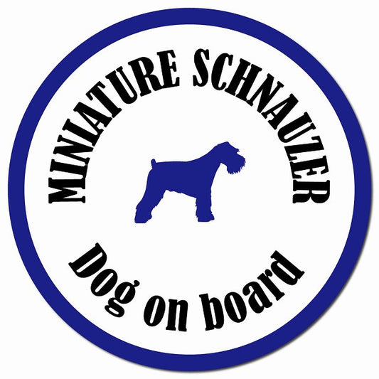 カラフル Dog on board ミニチュアシュナウザー ホワイト＆ネイビー マグネット 車用 直径13cm 丸型 カーマグネット
