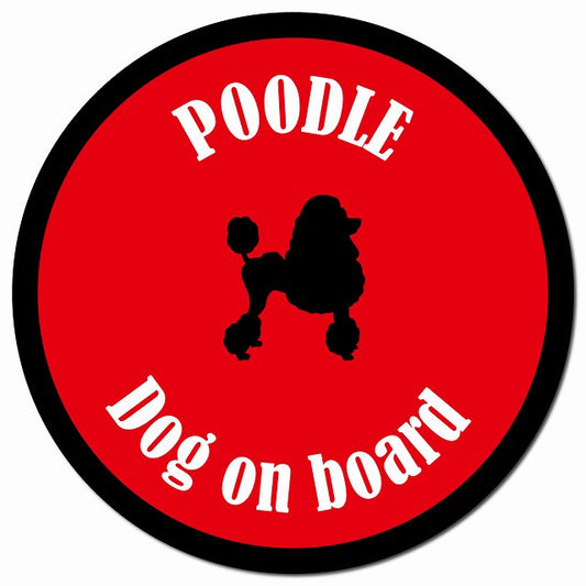 カラフル Dog on board プードル レッド＆ブラック マグネット 車用 直径13cm 丸型 カーマグネット