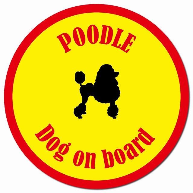 カラフル Dog on board プードル イエロー＆レッド マグネット 車用 直径13cm 丸型 カーマグネット