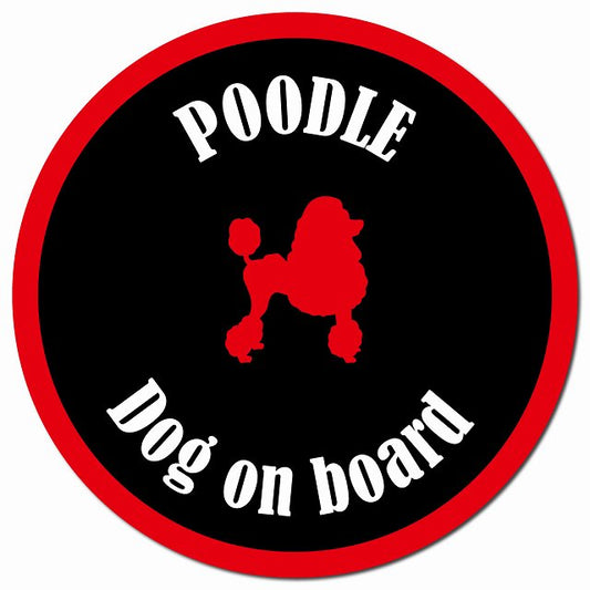 カラフル Dog on board プードル ブラック＆レッド マグネット 車用 直径13cm 丸型 カーマグネット