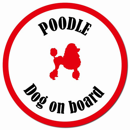 カラフル Dog on board プードル ホワイト＆レッド マグネット 車用 直径13cm 丸型 カーマグネット