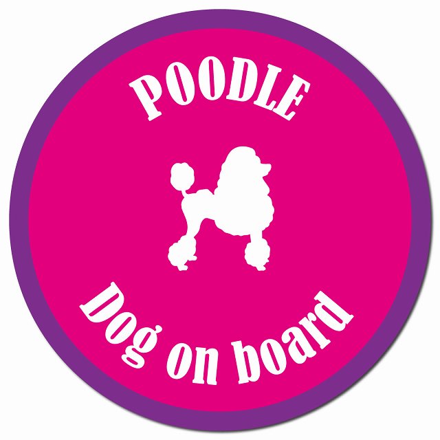 カラフル Dog on board プードル ピンク＆パープル マグネット 車用 直径13cm 丸型 カーマグネット