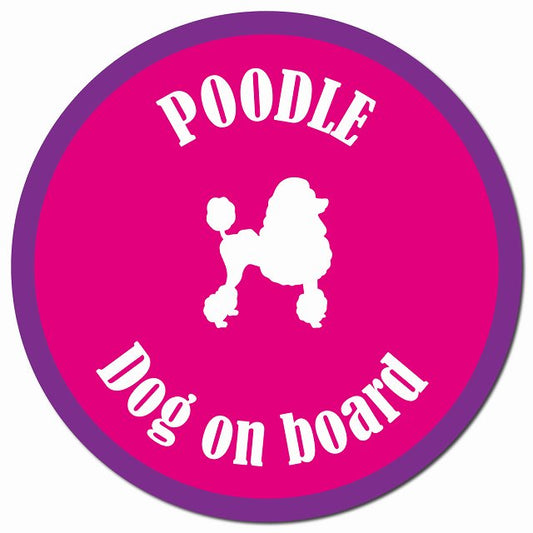 カラフル Dog on board プードル ピンク＆パープル マグネット 車用 直径13cm 丸型 カーマグネット