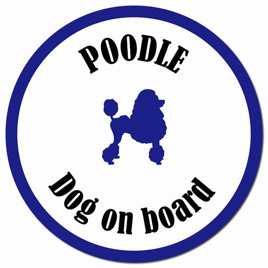 カラフル Dog on board プードル ホワイト＆ネイビー マグネット 車用 直径13cm 丸型 カーマグネット