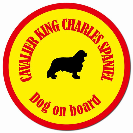 カラフル Dog on board キャバリアキングチャールズスパニエル イエロー＆レッド マグネット 車用 直径13cm 丸型 カーマグネット