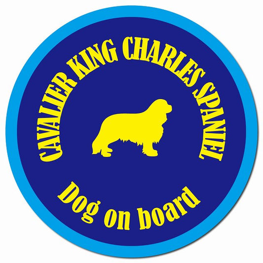 カラフル Dog on board キャバリアキングチャールズスパニエル ネイビー＆ブルー マグネット 車用 直径13cm 丸型 カーマグネット