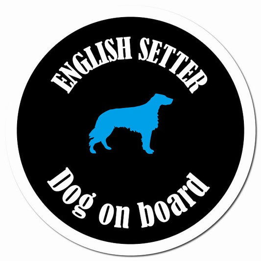 カラフル Dog on board イングリッシュセター ブラック＆ホワイト マグネット 車用 直径13cm 丸型 カーマグネット