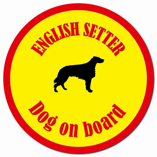 カラフル Dog on board イングリッシュセター イエロー＆レッド マグネット 車用 直径13cm 丸型 カーマグネット