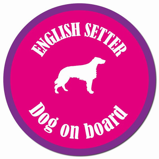 カラフル Dog on board イングリッシュセター ピンク＆パープル マグネット 車用 直径13cm 丸型 カーマグネット