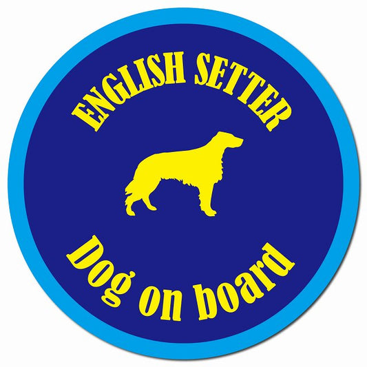 カラフル Dog on board イングリッシュセター ネイビー＆ブルー マグネット 車用 直径13cm 丸型 カーマグネット