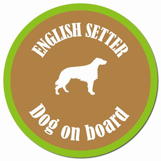 カラフル Dog on board イングリッシュセター ブラウン＆グリーン マグネット 車用 直径13cm 丸型 カーマグネット