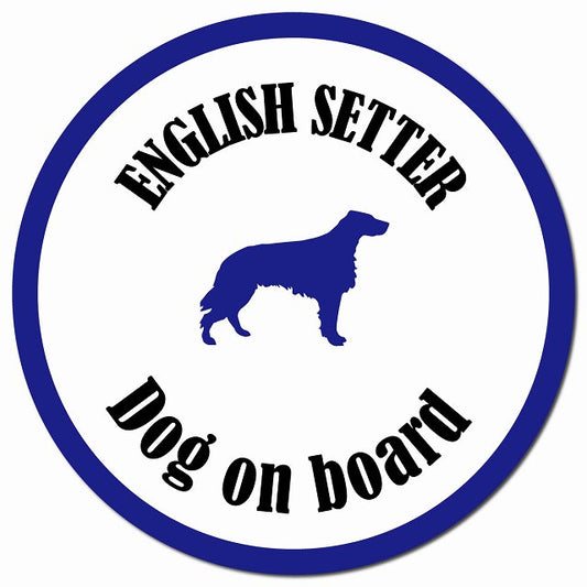 カラフル Dog on board イングリッシュセター ホワイト＆ネイビー マグネット 車用 直径13cm 丸型 カーマグネット