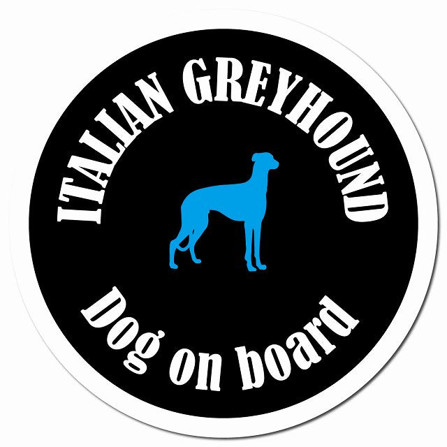 カラフル Dog on board イタリアングレーハウンド ブラック＆ホワイト マグネット 車用 直径13cm 丸型 カーマグネット