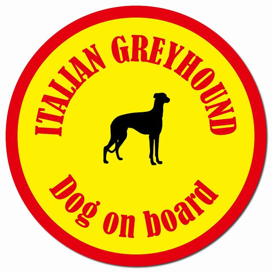 カラフル Dog on board イタリアングレーハウンド イエロー＆レッド マグネット 車用 直径13cm 丸型 カーマグネット