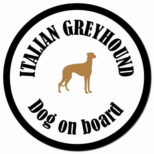 カラフル Dog on board イタリアングレーハウンド ホワイト＆ブラック マグネット 車用 直径13cm 丸型 カーマグネット
