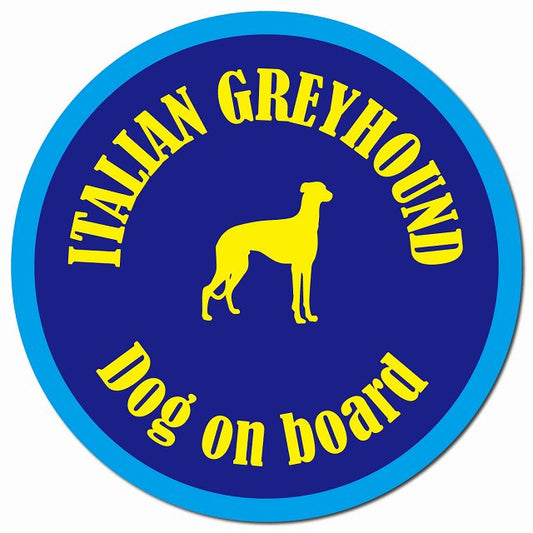 カラフル Dog on board イタリアングレーハウンド ネイビー＆ブルー マグネット 車用 直径13cm 丸型 カーマグネット