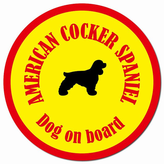 カラフル Dog on board アメリカンコッカースパニエル イエロー＆レッド マグネット 車用 直径13cm 丸型 カーマグネット