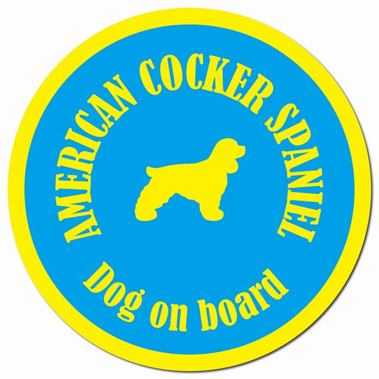 カラフル Dog on board アメリカンコッカースパニエル ブルー＆イエロー マグネット 車用 直径13cm 丸型 カーマグネット