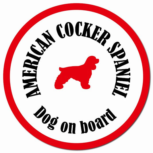 カラフル Dog on board アメリカンコッカースパニエル ホワイト＆レッド マグネット 車用 直径13cm 丸型 カーマグネット