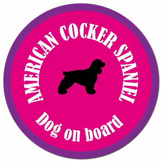 カラフル Dog on board アメリカンコッカースパニエル ピンク＆パープル マグネット 車用 直径13cm 丸型 カーマグネット