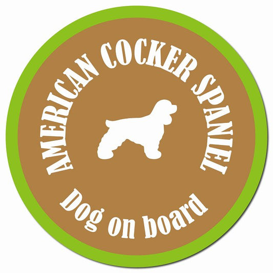 カラフル Dog on board アメリカンコッカースパニエル ブラウン＆グリーン マグネット 車用 直径13cm 丸型 カーマグネット