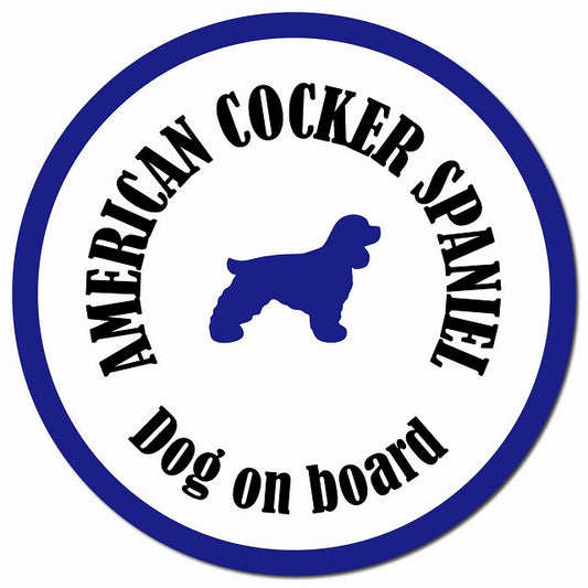 カラフル Dog on board アメリカンコッカースパニエル ホワイト＆ネイビー マグネット 車用 直径13cm 丸型 カーマグネット