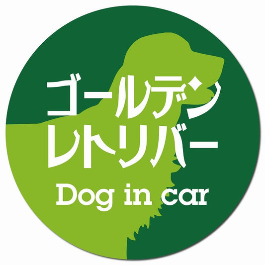 Dog in car ゴールデンレトリバー レトロ書体 グリーン マグネット 車用 直径13cm 丸型 カーマグネット 表示プレート