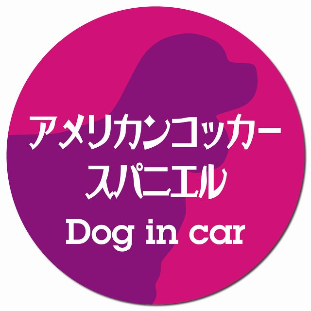 Dog in car アメリカンコッカースパニエル レトロ書体 ピンクパープル マグネット 車用 直径13cm 丸型 カーマグネット 表示プレート