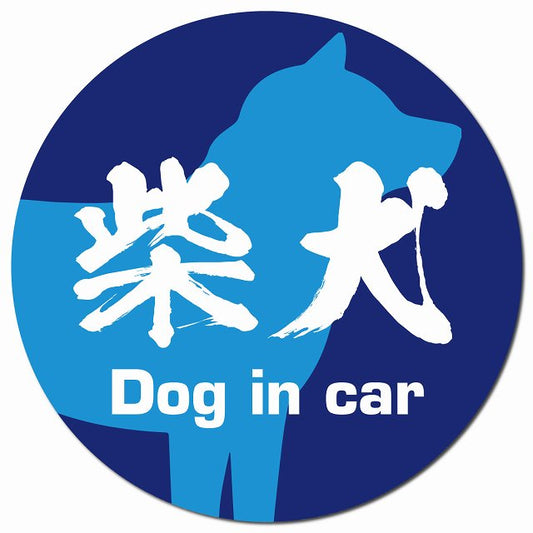 Dog in car 柴犬 毛筆書体 ブルー マグネット 車用 直径13cm 丸型 カーマグネット 表示プレート