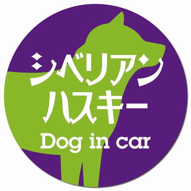 Dog in car シベリアンハスキー レトロ書体 パープルグリーン マグネット 車用 直径13cm 丸型 カーマグネット 表示プレート