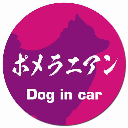 Dog in car ポメラニアン 毛筆書体 ピンクパープル マグネット 車用 直径13cm 丸型 カーマグネット 表示プレート