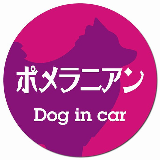 Dog in car ポメラニアン レトロ書体 ピンクパープル マグネット 車用 直径13cm 丸型 カーマグネット 表示プレート