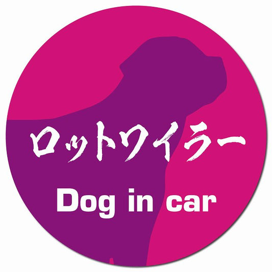 Dog in car ロットワイラー 毛筆書体 ピンクパープル マグネット 車用 直径13cm 丸型 カーマグネット 表示プレート