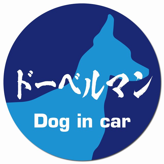 Dog in car ドーベルマン 毛筆書体 ブルー マグネット 車用 直径13cm 丸型 カーマグネット 表示プレート