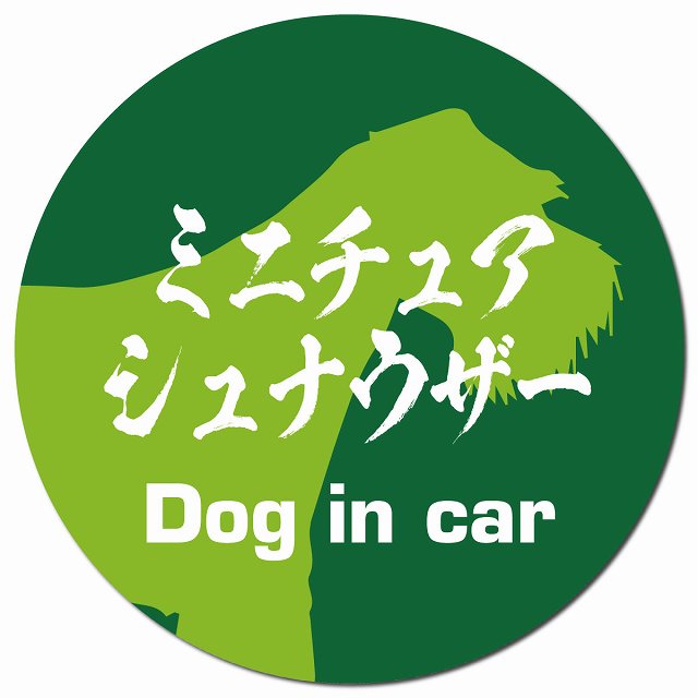 Dog in car ミニチュアシュナウザー 毛筆書体 グリーン マグネット 車用 直径13cm 丸型 カーマグネット 表示プレート